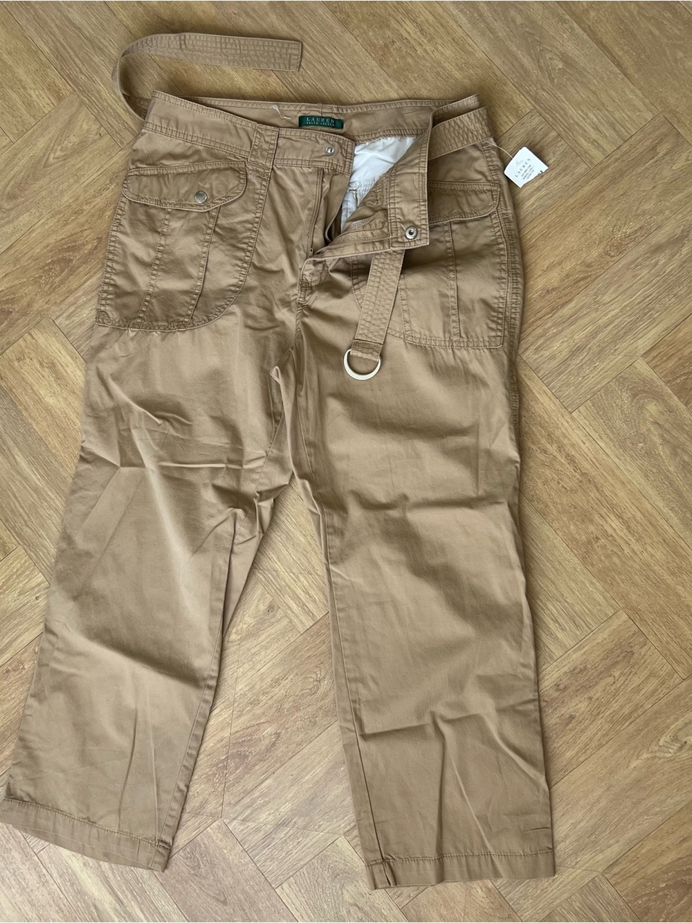 Ralph Lauren Khaki Pants Size 12 Belted Trousers casual Cotton Pocket Camel  NWT